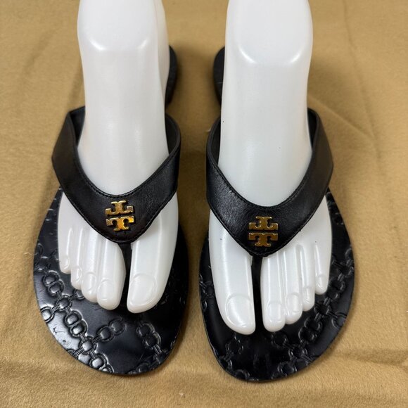 Tory Burch Monroe Black Leather Logo Flip Flops Womens Size 8M Embossed Sole - Picture 2 of 10